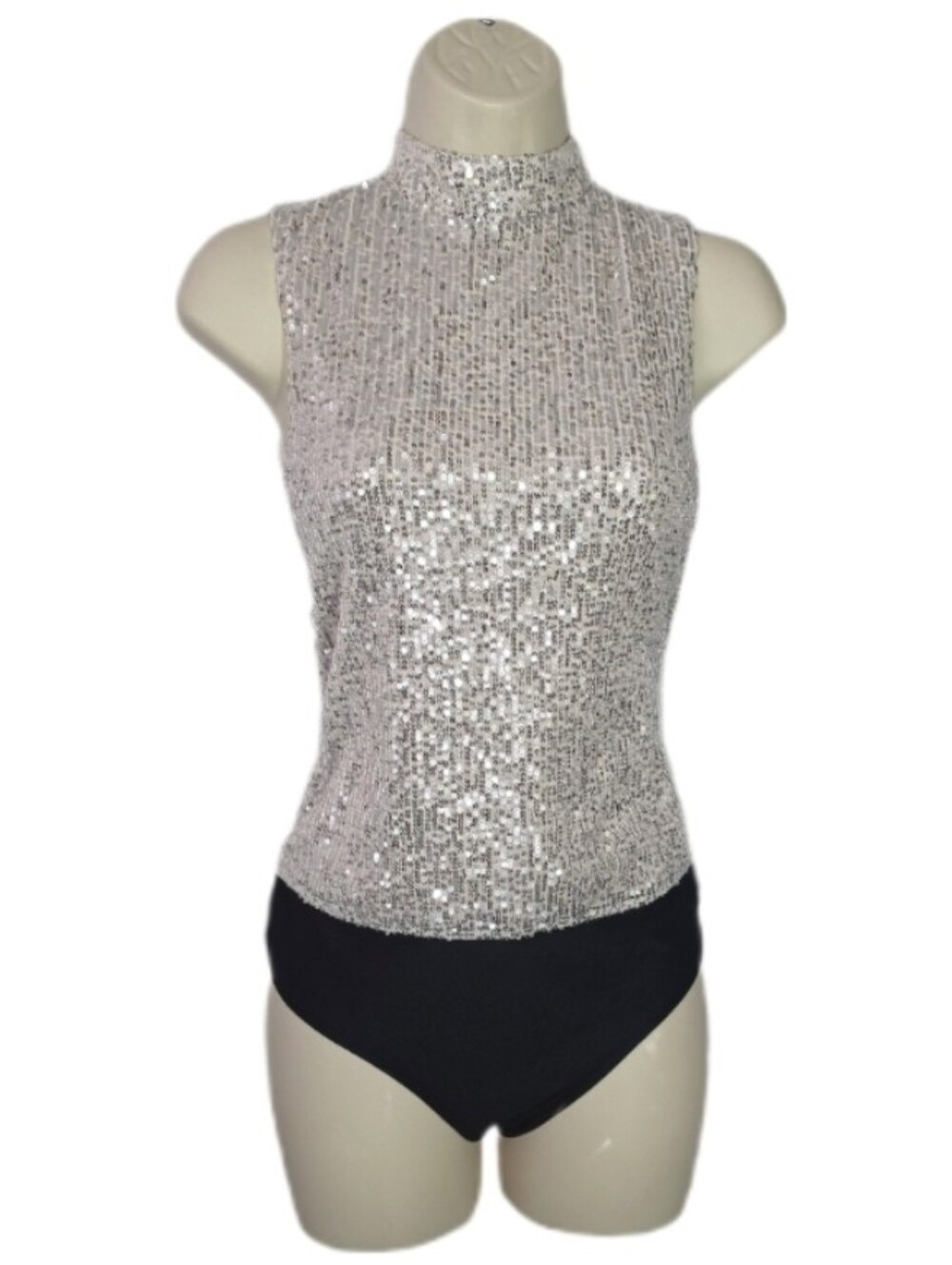 7 for all mankind Sleeveless Sequin Tank Style Mock Neck Bodysuit Silver Size M - Picture 16 of 17
